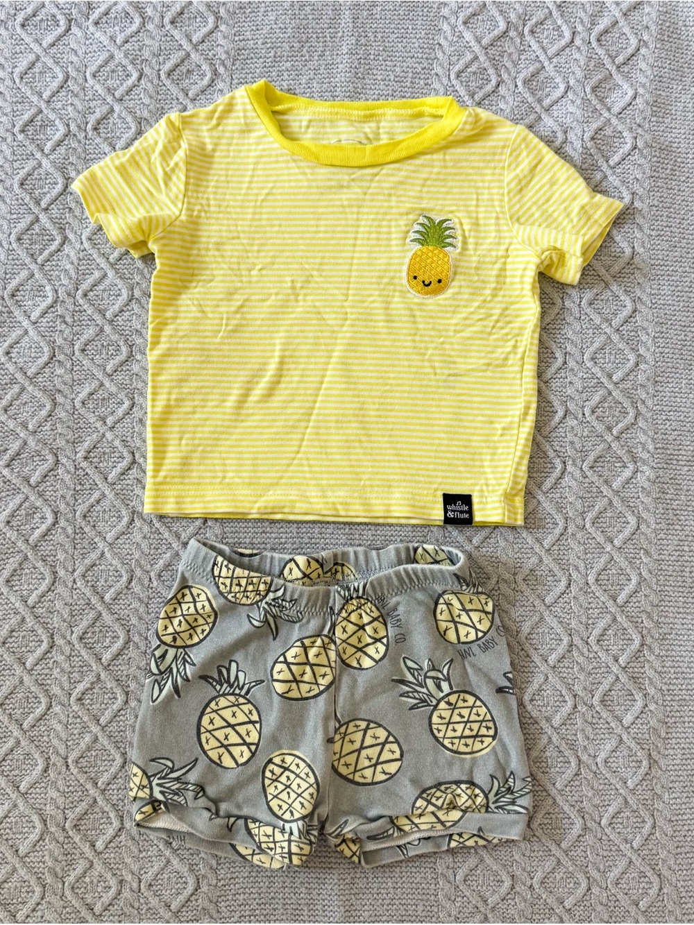 Whistle & Flute Yellow Striped Tee & Pineapple Print HNL Baby Shorts 12-18M